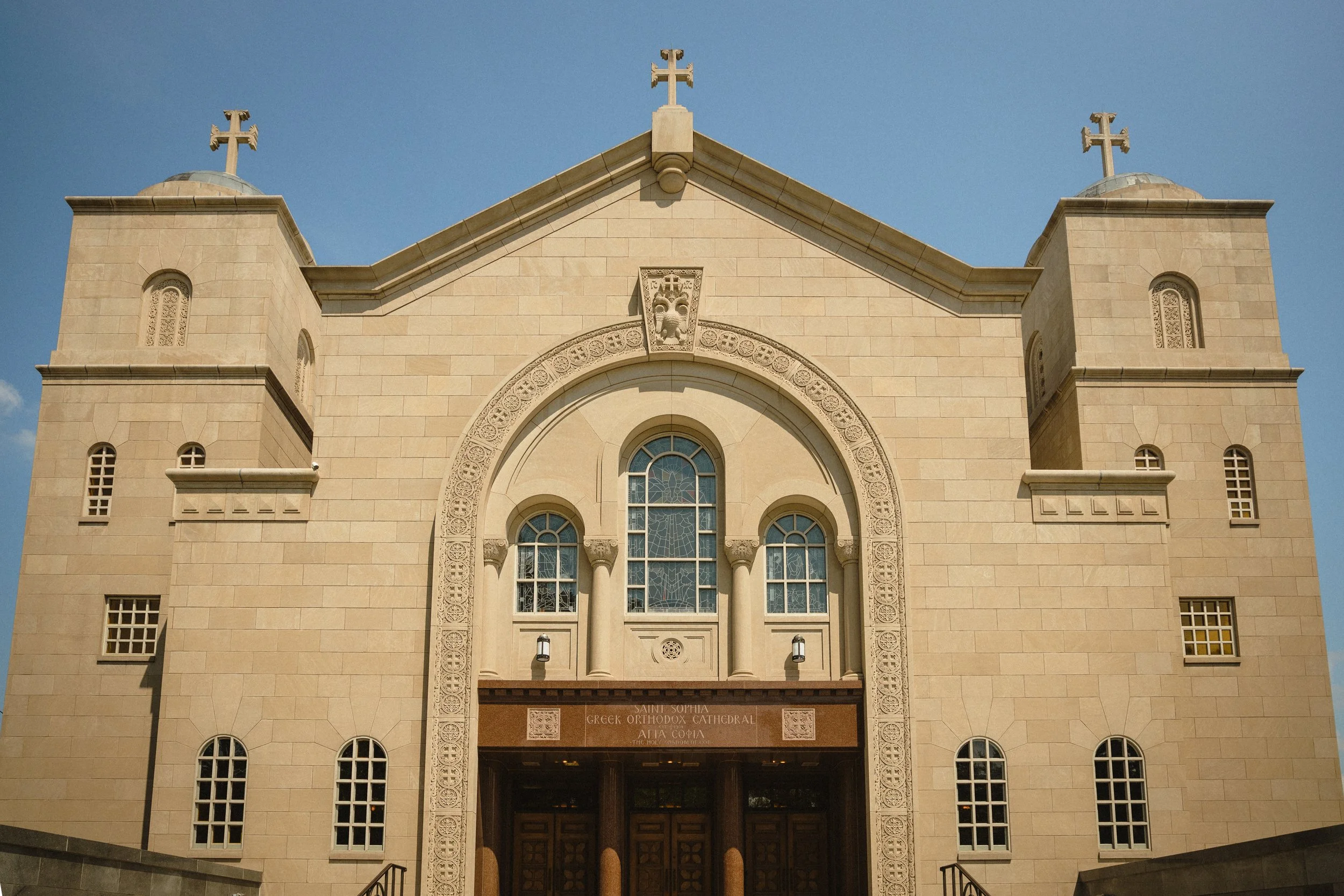 Exterior of Saint Sophia Greek Orthodox Cathedral before Greek Orthodox wedding ceremony in Washington DC