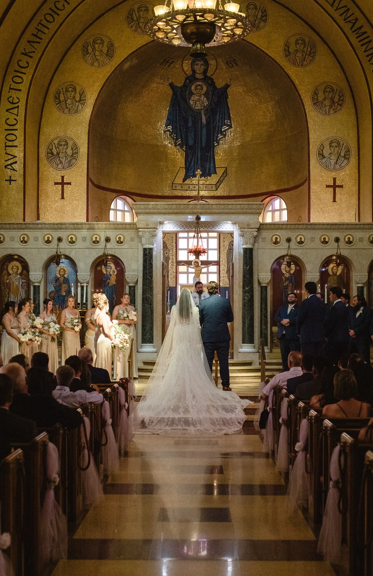 Veil Isle shot of bride and groom at Saint Sophias Greek Cathedral