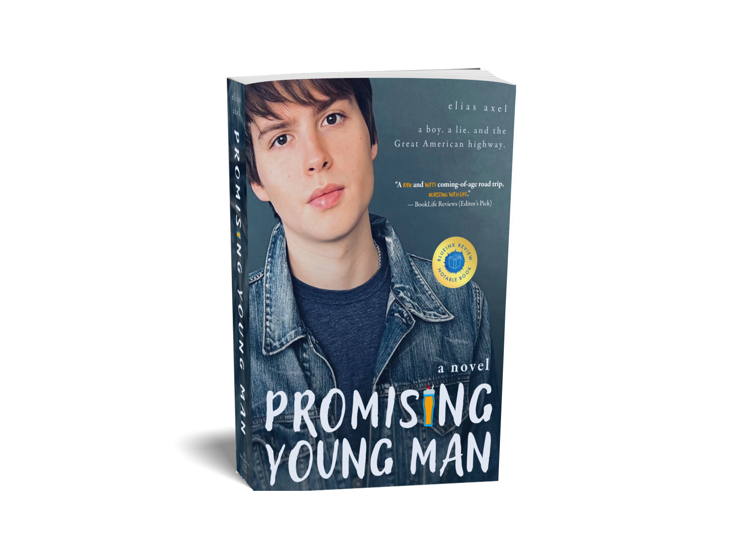 Cover of a novel titled 'Promising Young Man' by Elias Axel. The cover features a close-up photo of a young man with short brown hair, wearing a denim jacket over a dark shirt, and looking directly at the camera.