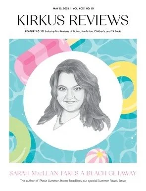 The cover of Kirkus Reviews magazine featuring a black-and-white pencil sketch of a woman with wavy hair smiling, surrounded by colorful abstract shapes including circles and flowers.