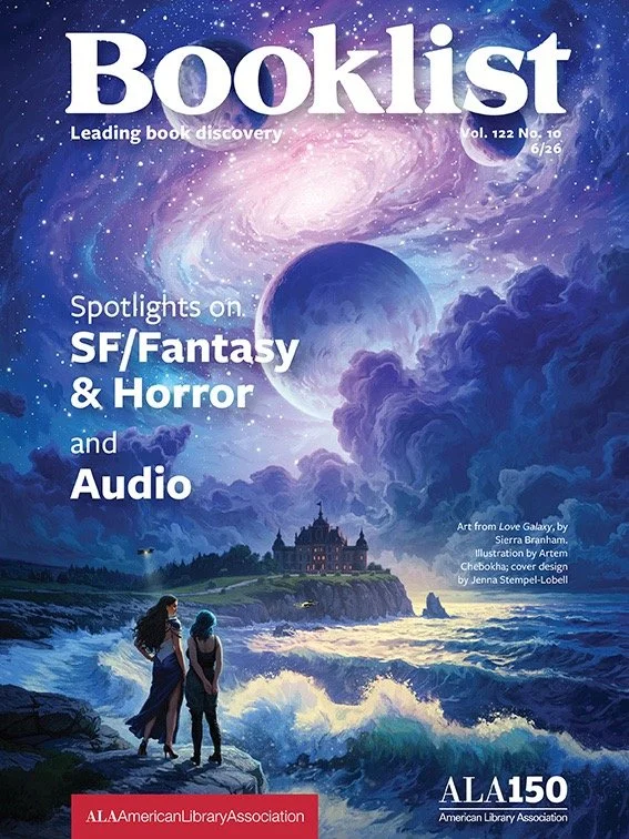 Magazine cover titled 'Booklist' with a cosmic illustration of a galaxy, planets, and clouds, featuring two women walking along the coast near a castle, with the headline 'Spotlights on SF/Fantasy & Horror and Audio.'