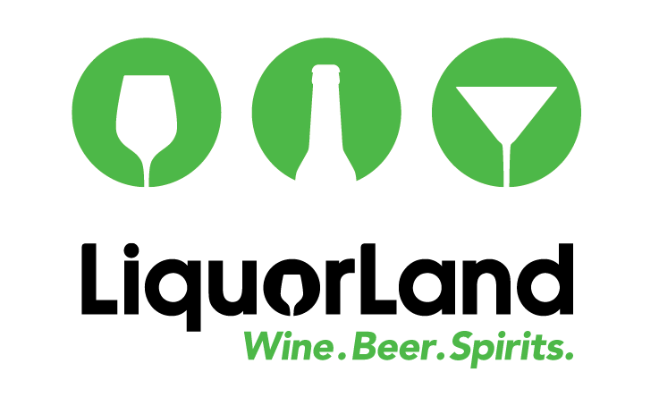 Logo for LiquorLand featuring three green circles with alcohol-related symbols: a wine glass, a beer bottle, and a cocktail glass. The words 'LiquorLand' are below in bold black font, with the tagline 'Wine. Beer. Spirits.' in green beneath it.