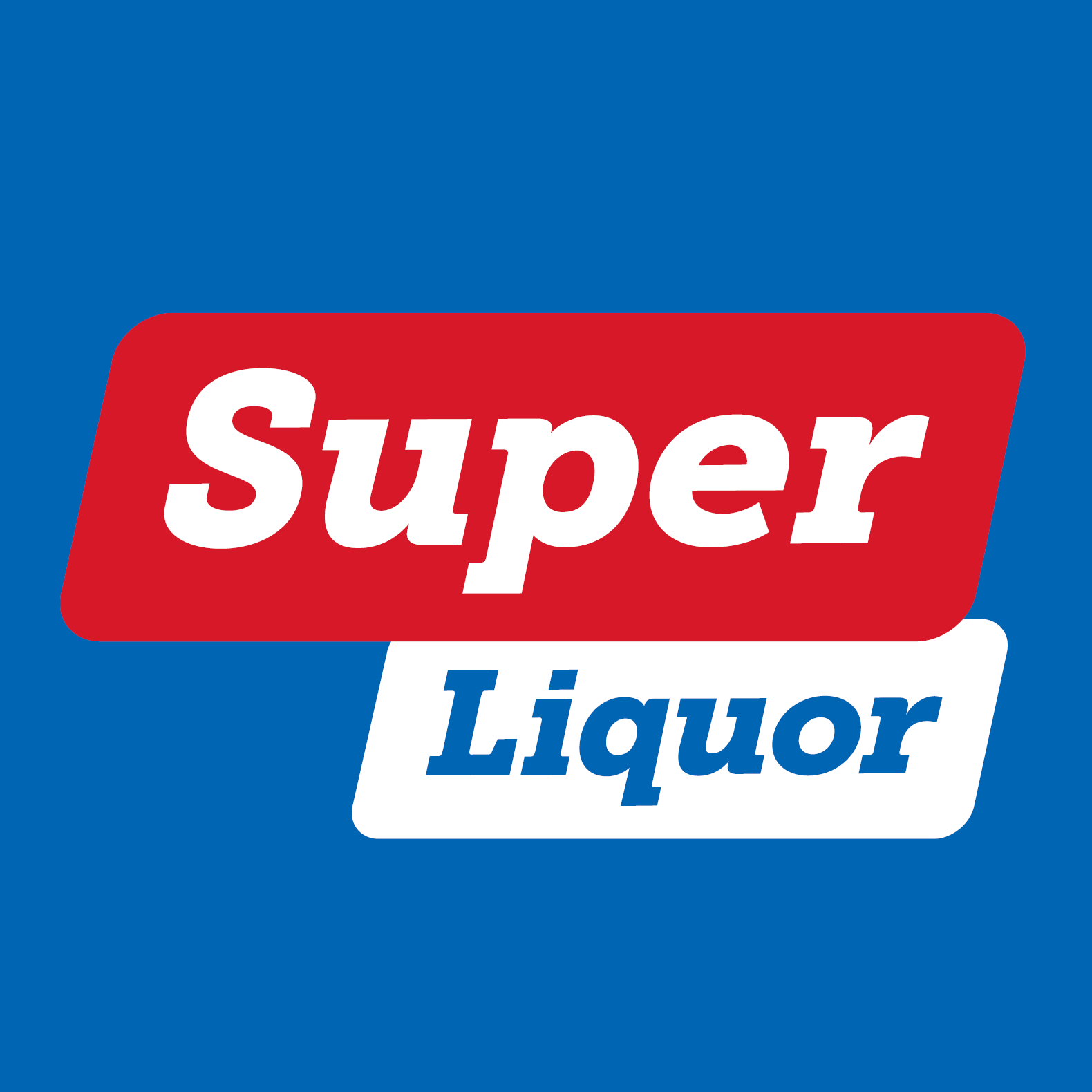 Logo for Super Liquor, featuring a red rectangle with white text and a white and blue background.