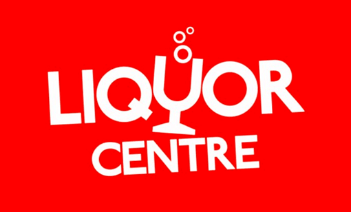 Red background with a white logo for Liquor Centre, featuring a cocktail glass with bubbles above it.