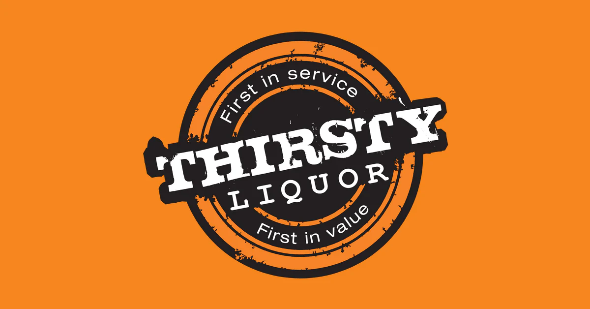 Logo for Thyirsty Liquor with black and white text on an orange background.