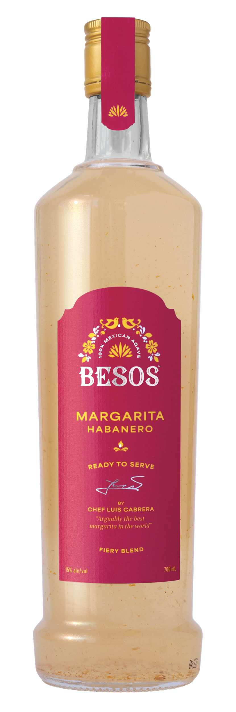 Bottle of Besos Margarita Habanero sauce with a pink label and gold cap. The label states it's a Mexican-style, ready-to-serve fiery blend with 15% alcohol and 700 milliliters. Designed by Chef Luis Cabrera.