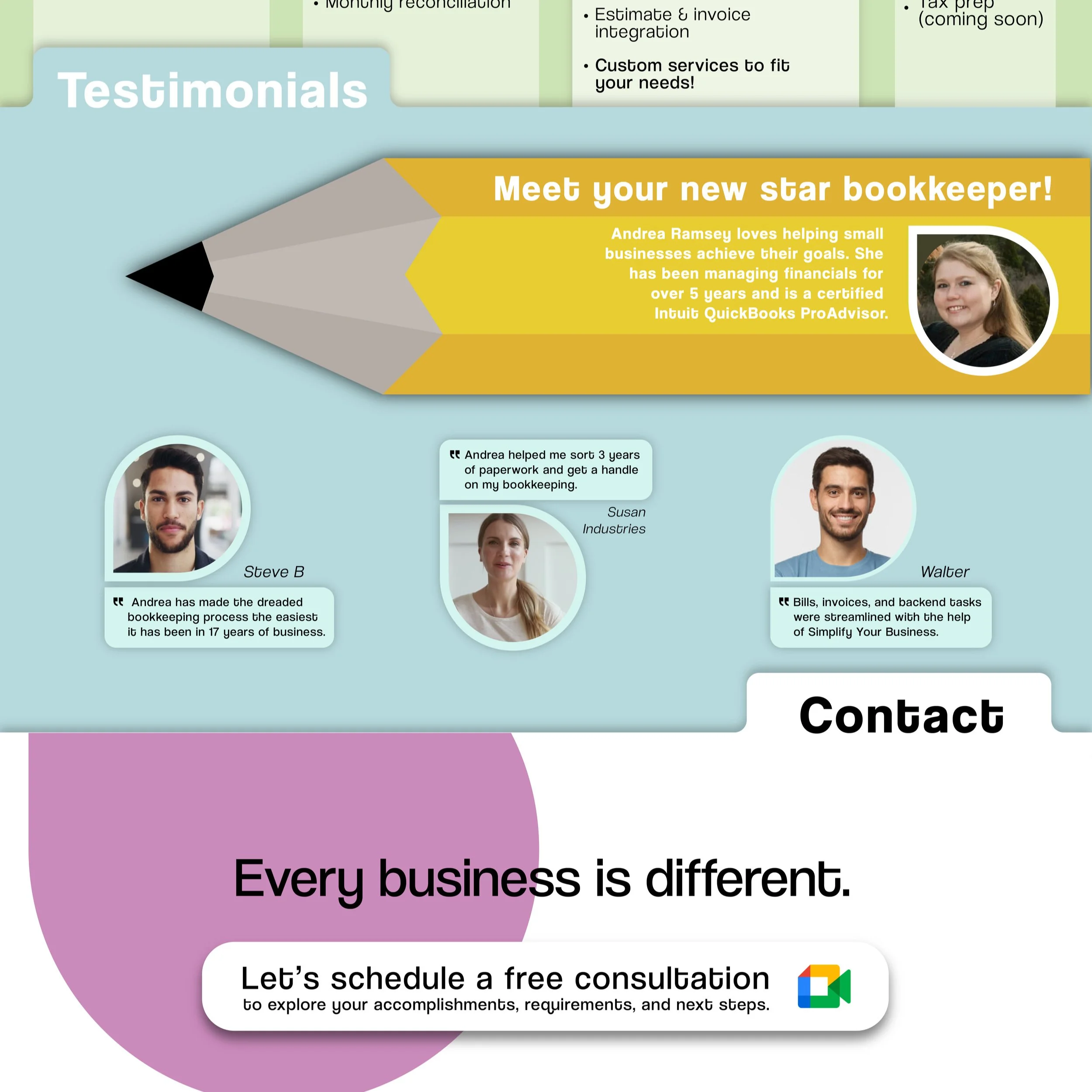 Graphic design featuring testimonials for a bookkeeping service with photos of reviewers and a call to action for a free consultation.