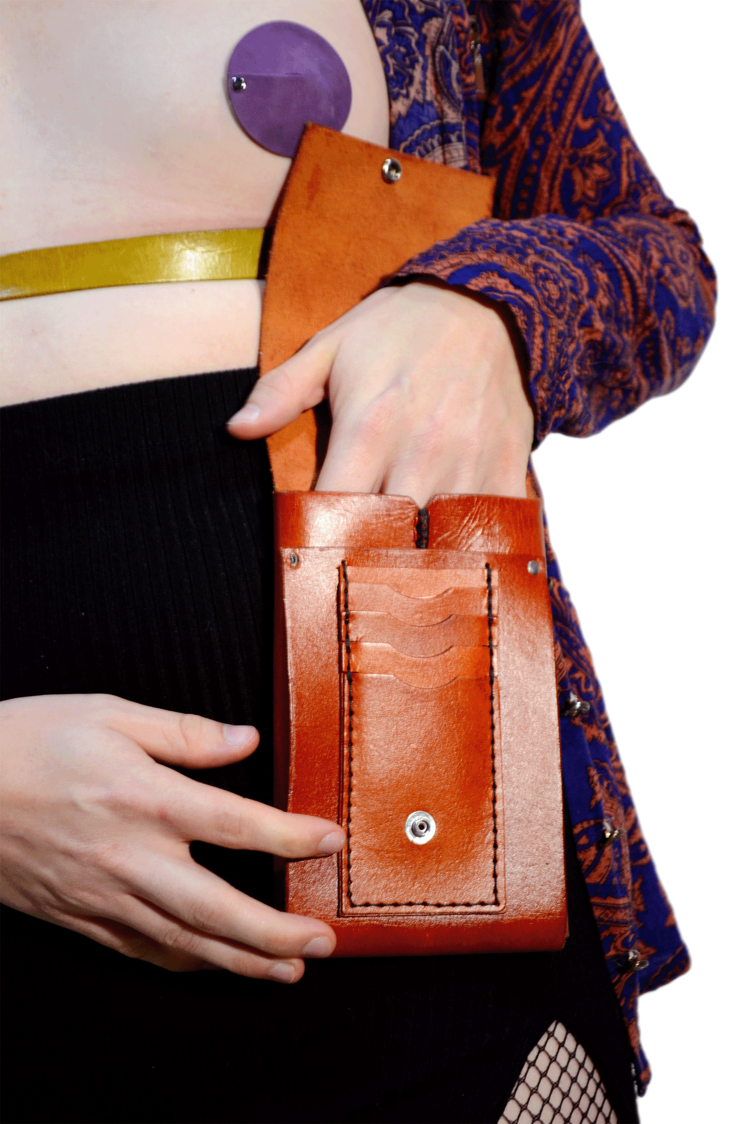 A custom brown utility pouch with tons of little pockets attached to a belt.