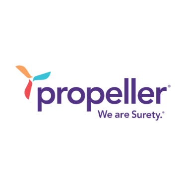 Propeller logo with colorful propeller graphic and slogan 'We are Surety' on black background.