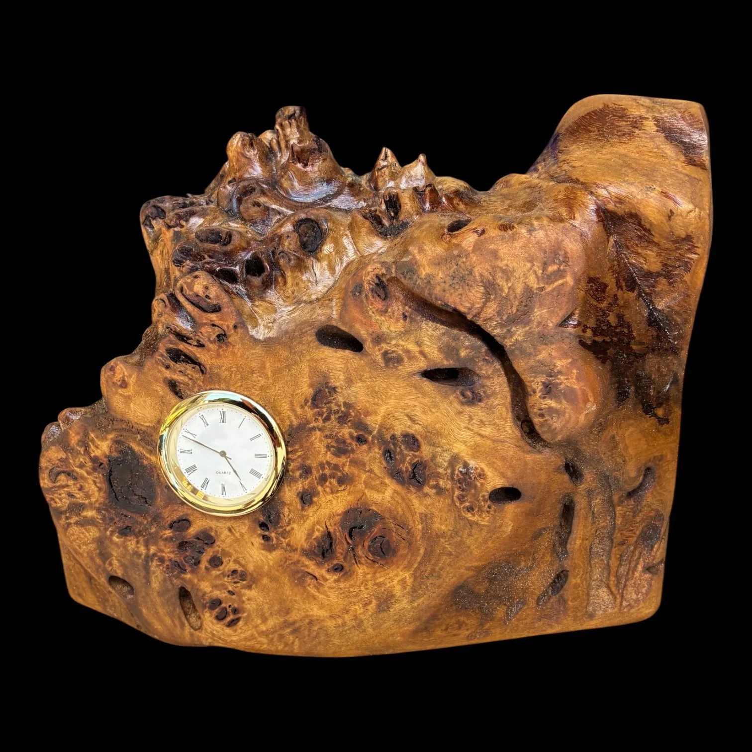 Handcrafted Burl Wood Clock with Quartz Insert