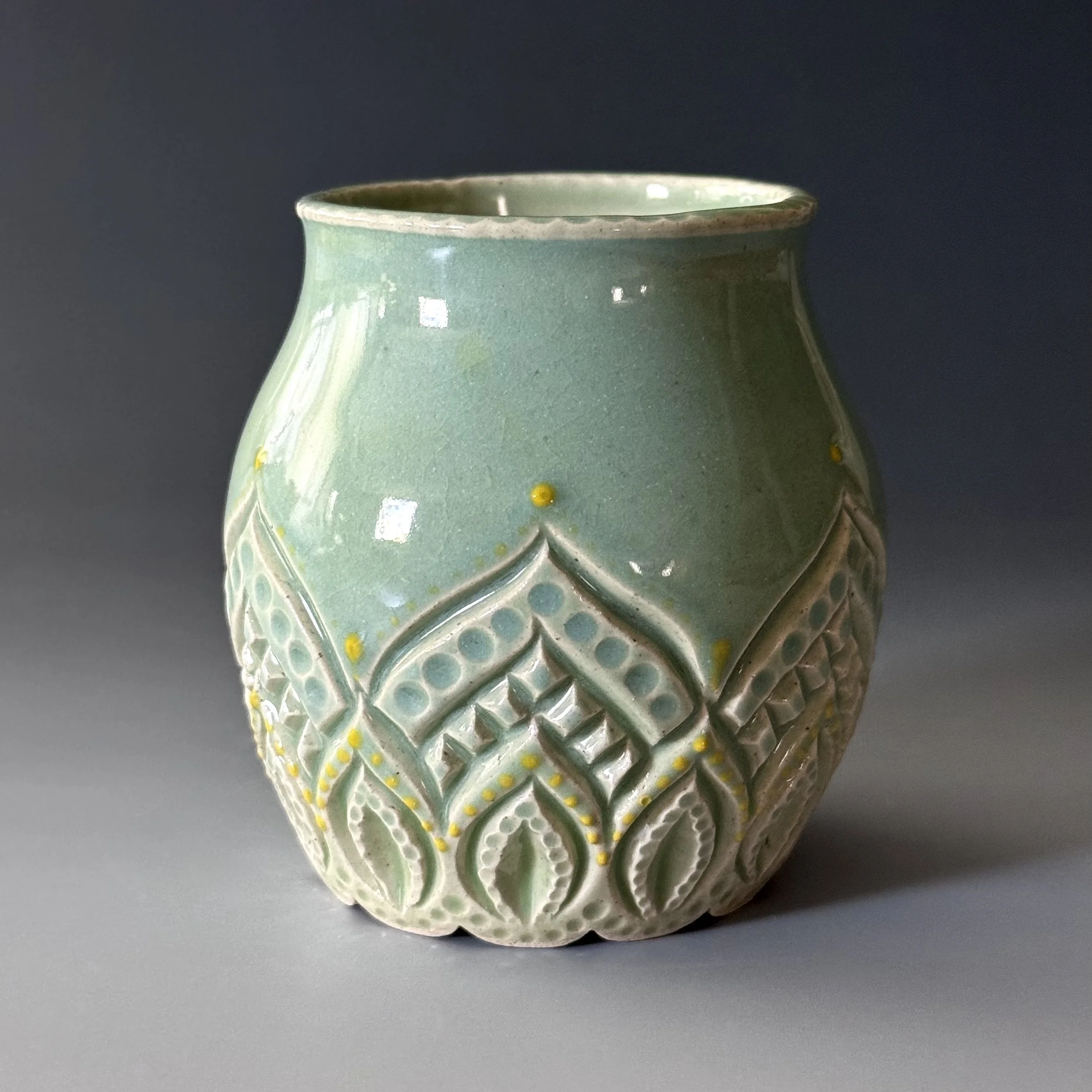 Handmade Bud Vase | Ceramic Vase | Aqua, Yellow Dots