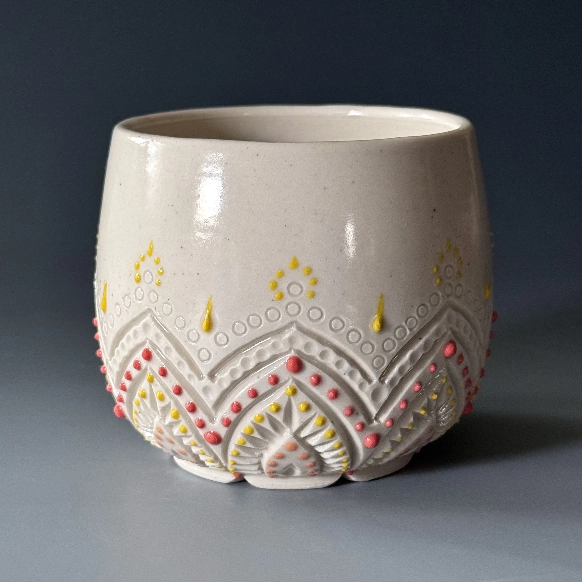Ceramic Stemless Wine Glass | Handmade Ceramic Tumbler | Yellow, Pink & Peach Dots - 9oz