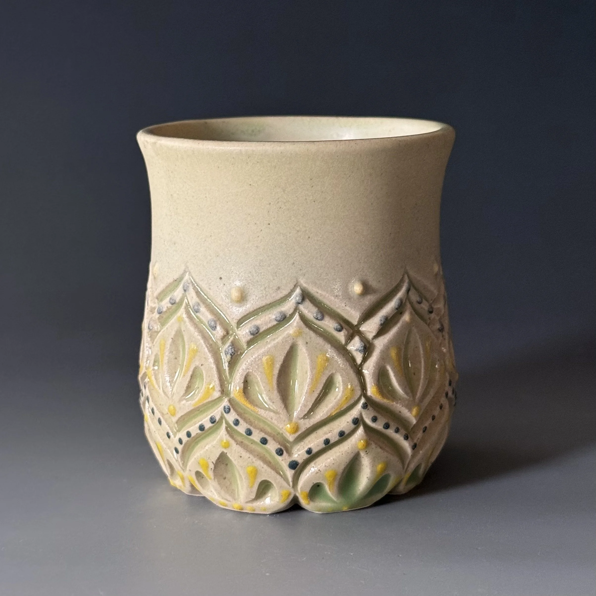 Handmade Bud Vase | Carved Ceramic Vase | Satin Yellow-Green, Yellow & Teal Dots