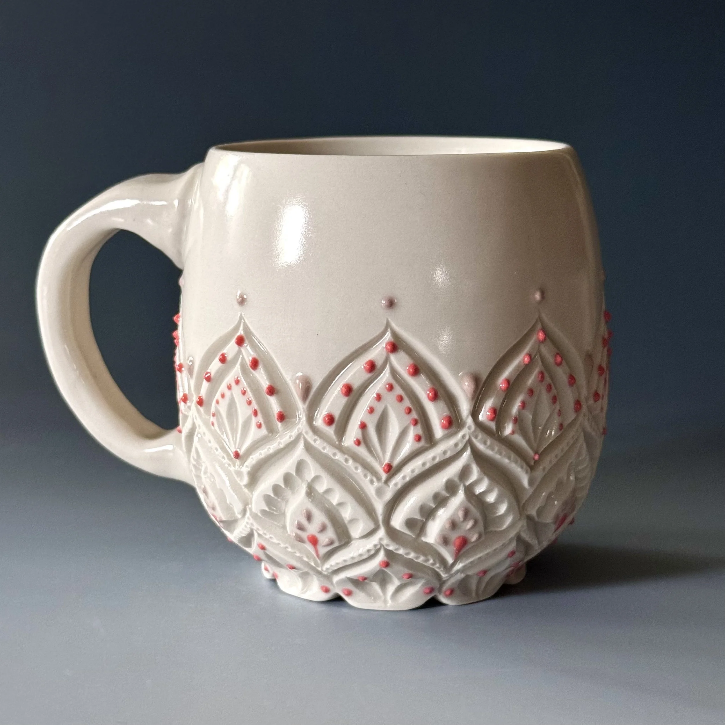 Handmade Ceramic Coffee Mug | Porcelain Latte Mug | Pink & Lavender Dots - 14oz