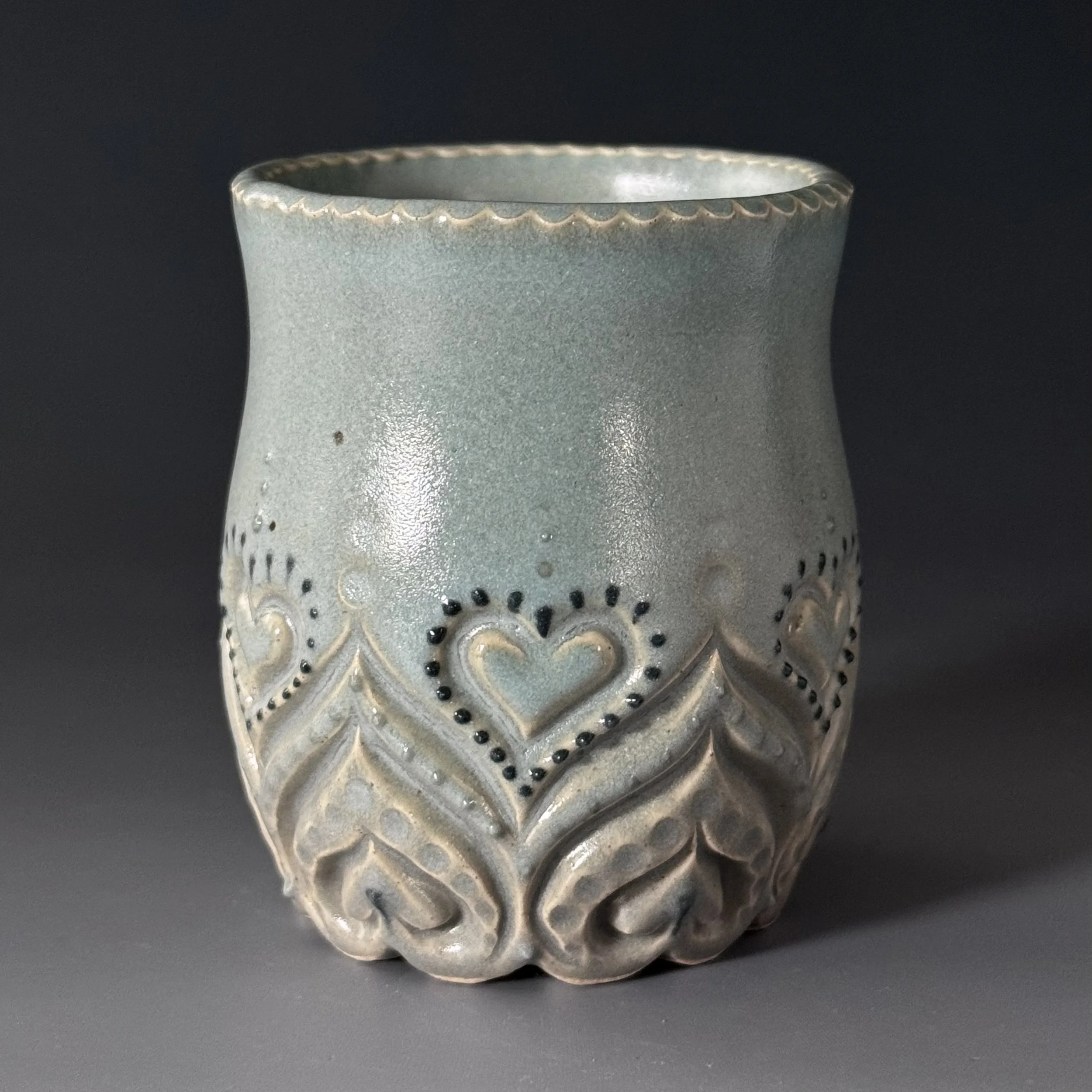 Handmade Ceramic Bud Vase | Satin Blue Gray & Hearts