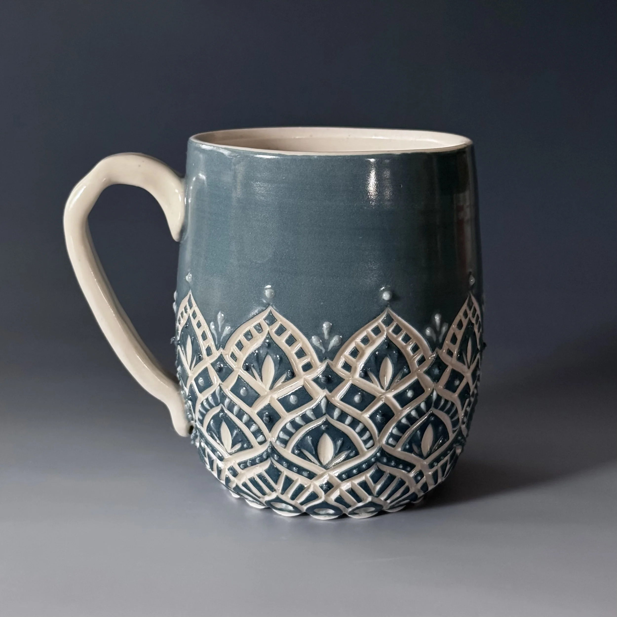 Handmade Ceramic Coffee Mug | Oversize Porcelain Mug | Teal & Blue Dots - 22oz