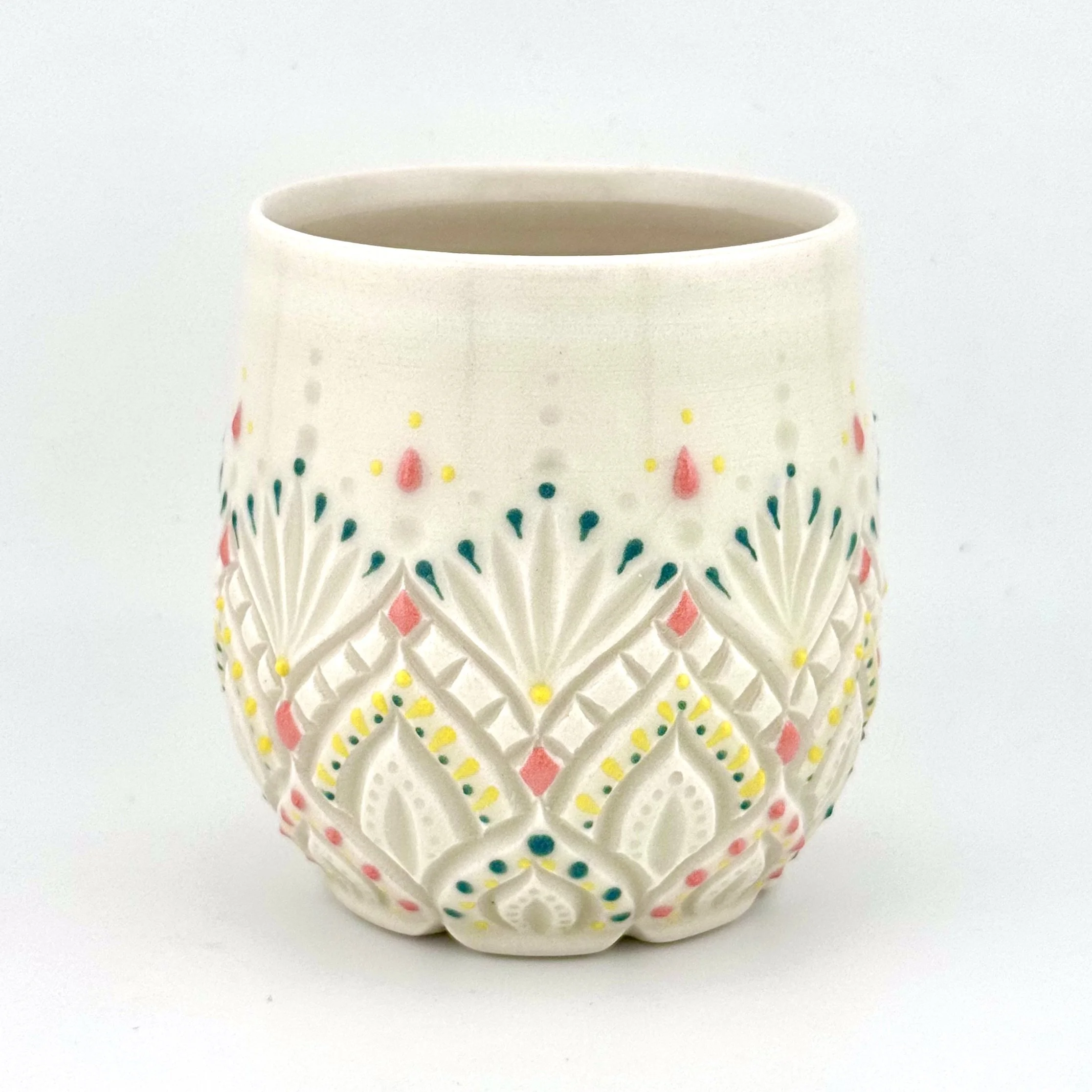 Carved Ceramic Stemless Wine Tumbler | Handmade Porcelain Cup | Pastel Sprinkles #4 - 8-9oz