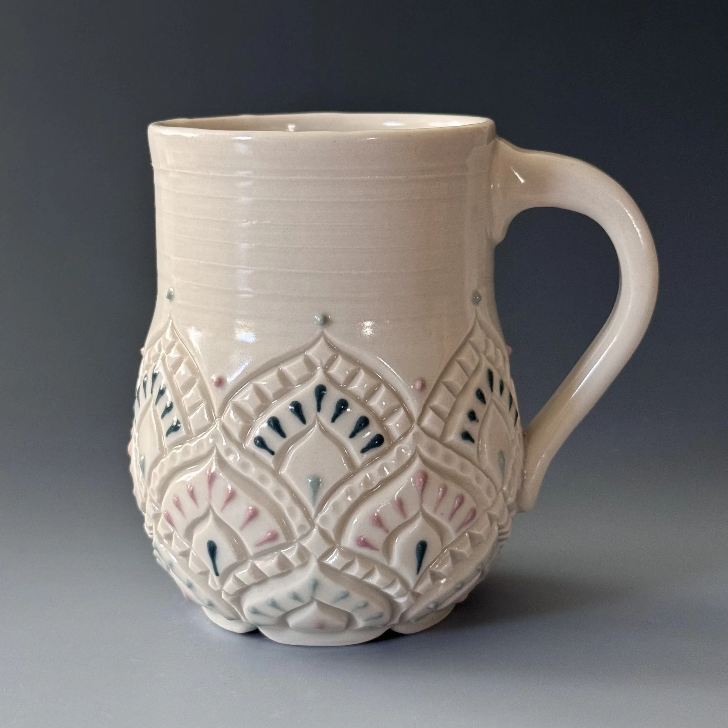 Handmade Ceramic Coffee Mug | Porcelain Mug | Lavender, Teal & Blue Dots - 12oz