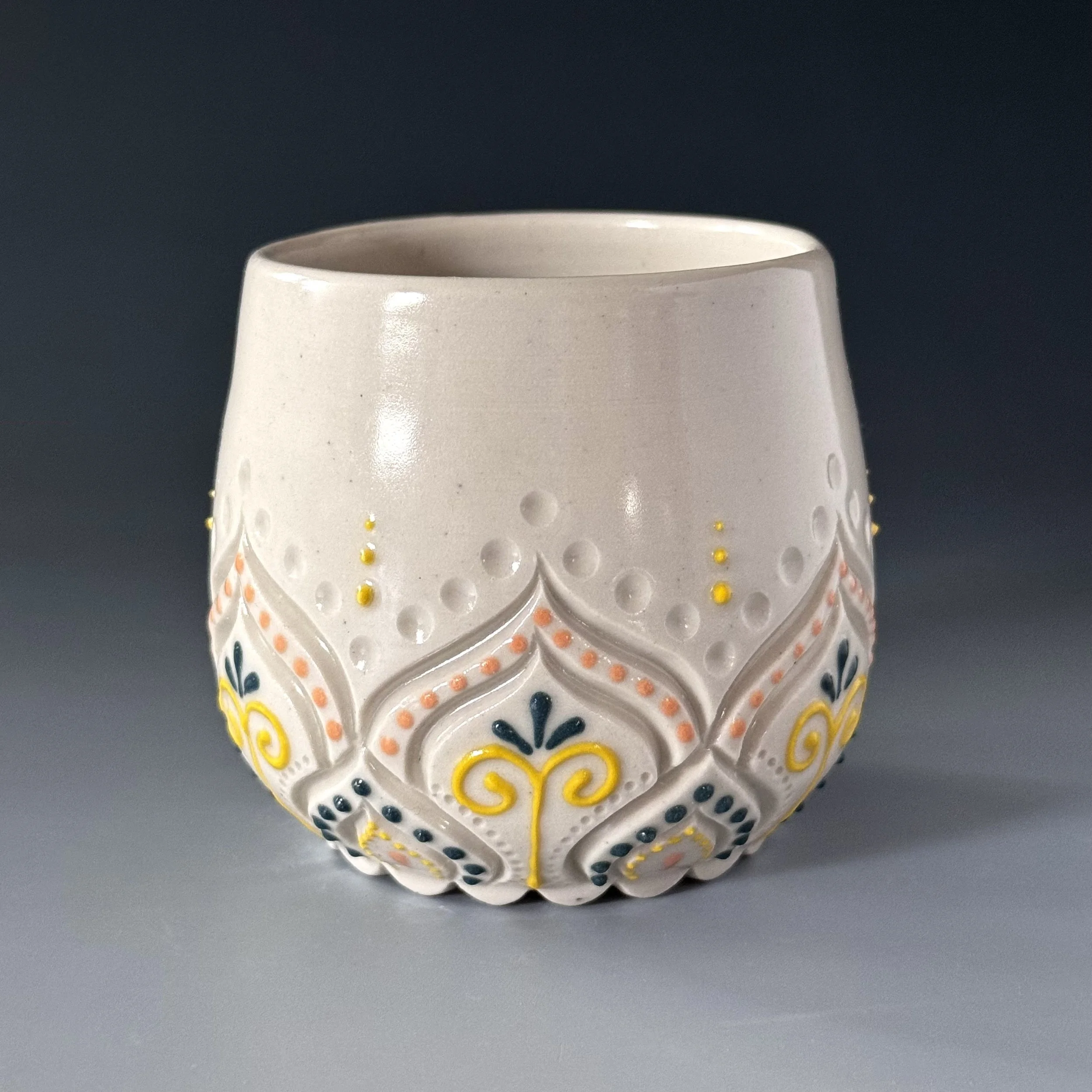 Ceramic Stemless Wine Glass | Handmade Porcelain Cup | Teal, Peach, & Yellow Spirals - 9oz