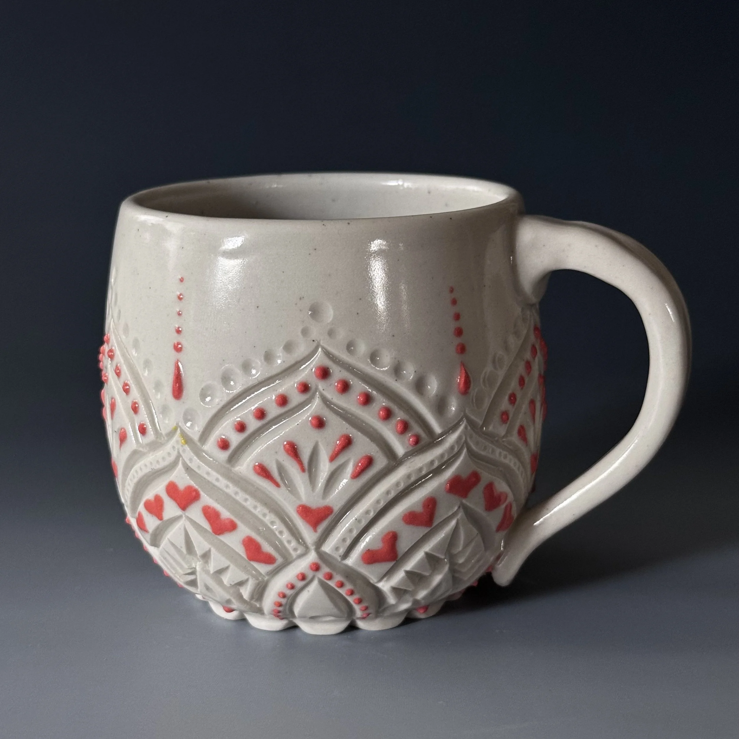 Handmade Ceramic Coffee Mug | Porcelain Latte Mug | Pink Hearts & Dots - 12oz