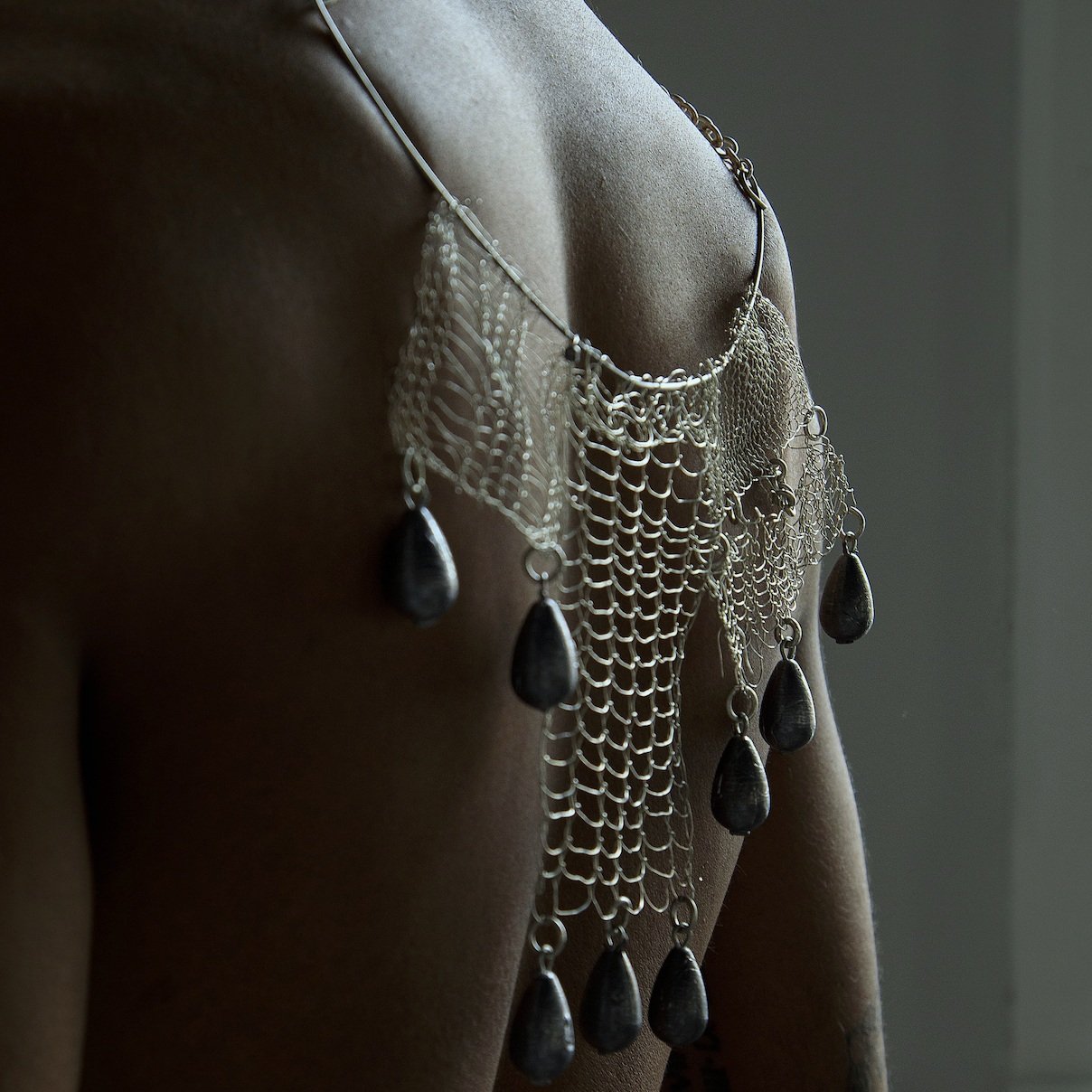 'gone knitting' necklace. silver, steel, lead weights.