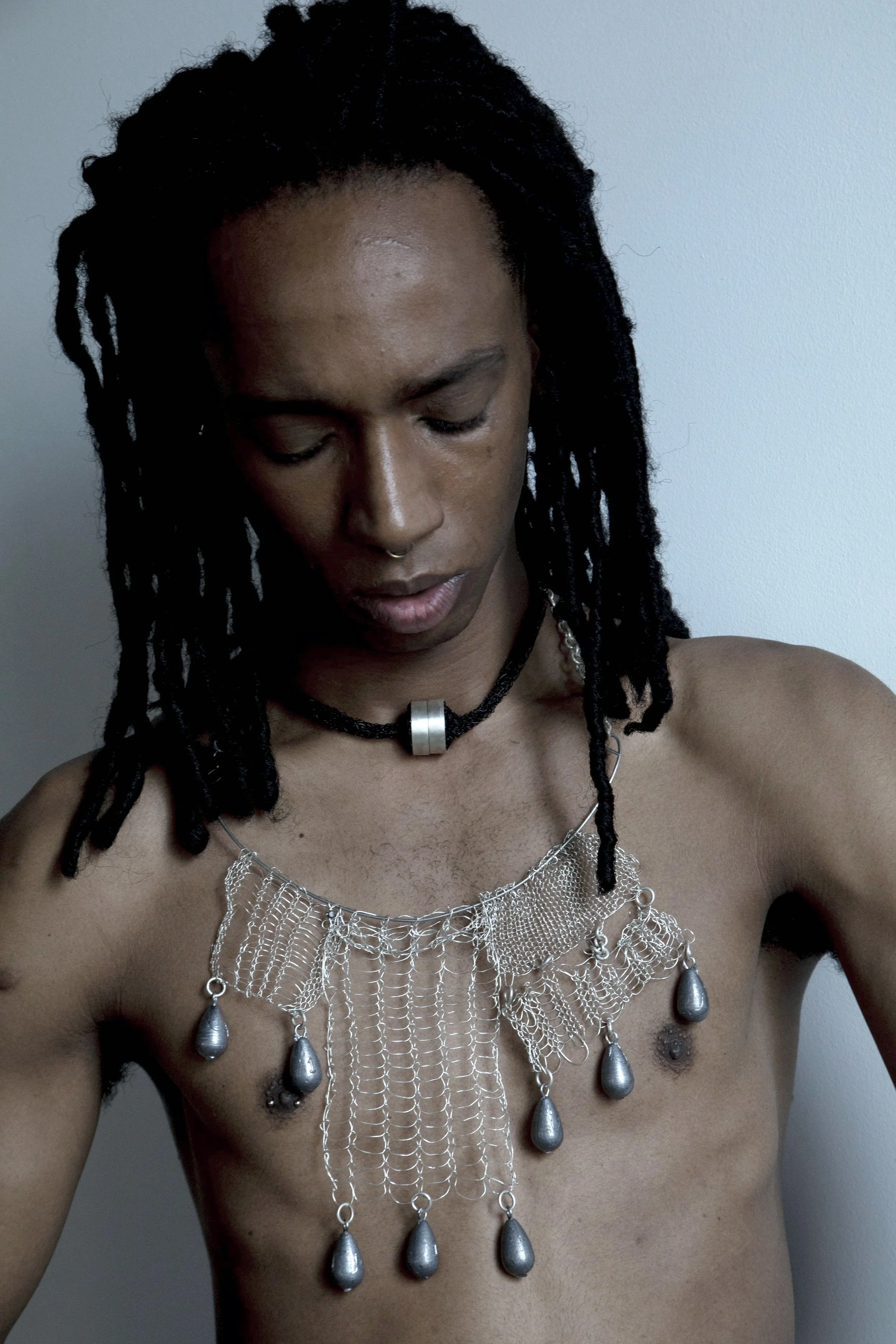 'gone knitting' necklace. silver, steel, lead weights.