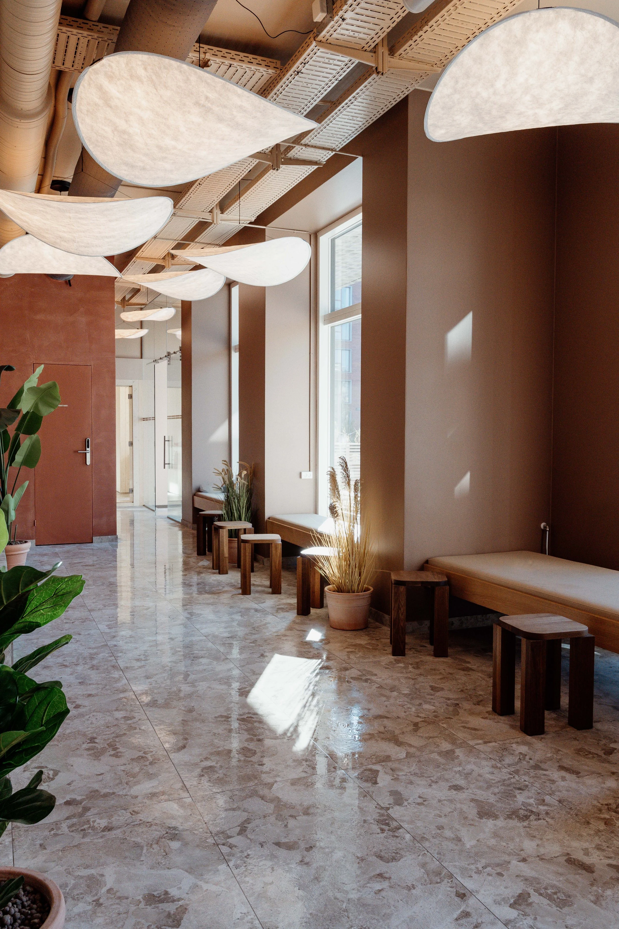 A brightly lit modern interior with large windows, wooden benches, potted plants, and unique cloud-shaped ceiling lights.