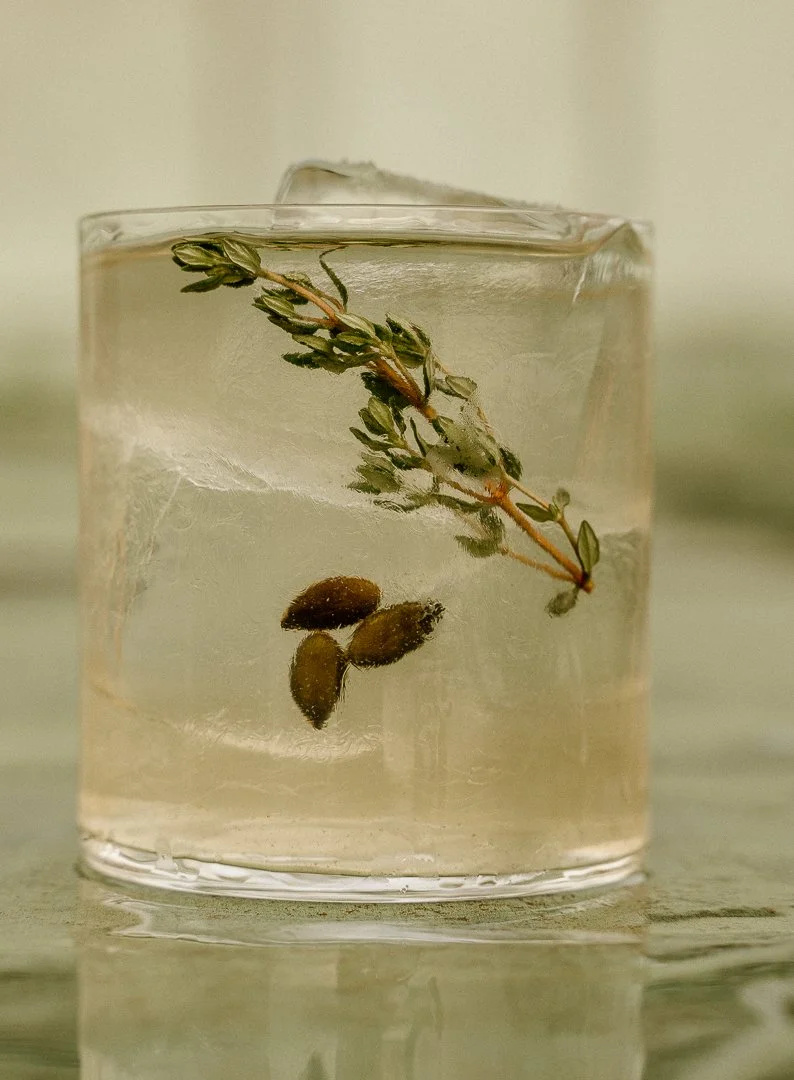 A glass of water with ice, containing floating herbs, possibly thyme, and three small, brown, oval-shaped seeds or berries.