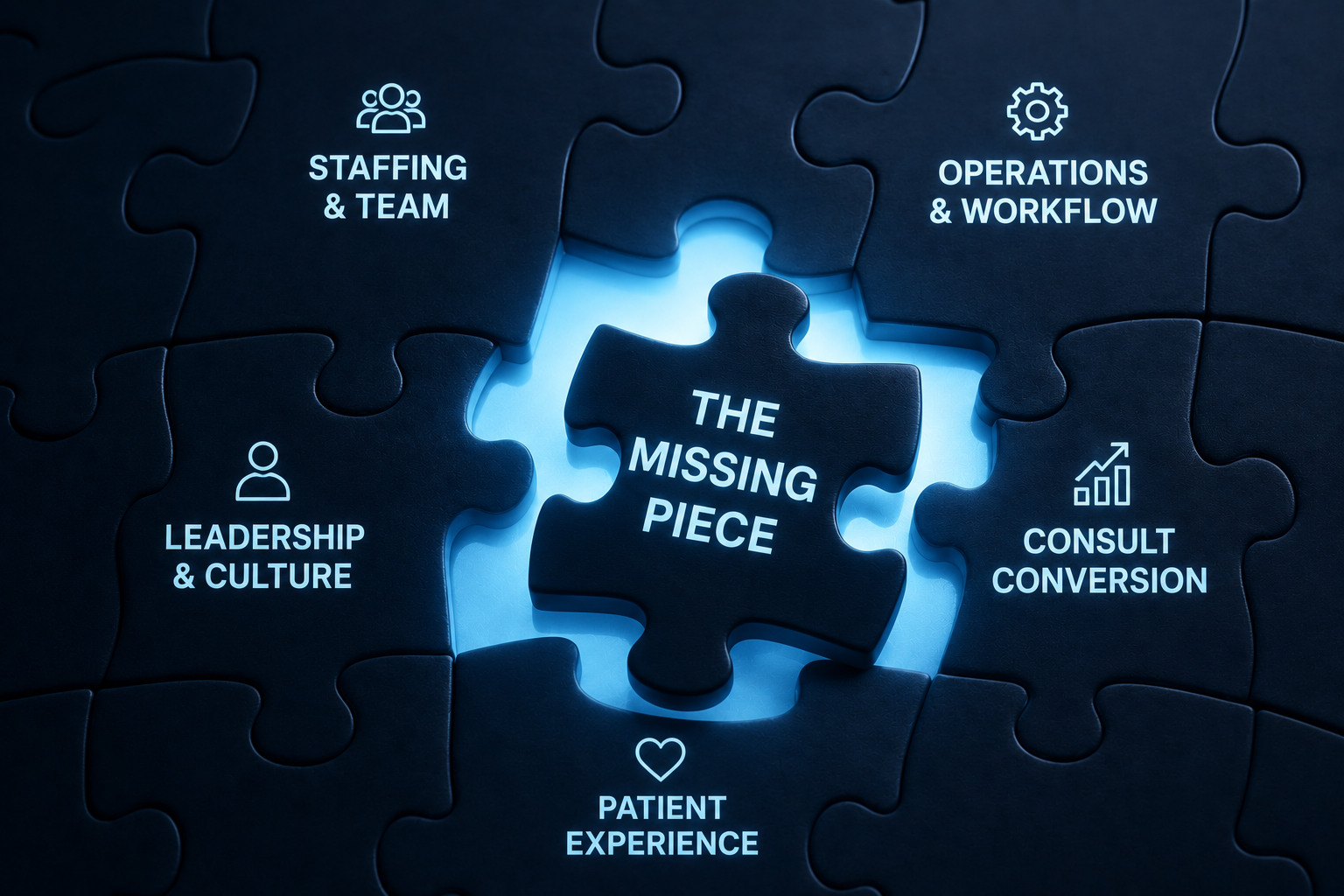 Illustration representing the interconnected challenges within a plastic surgery practice and the missing piece that helps bring them together.
