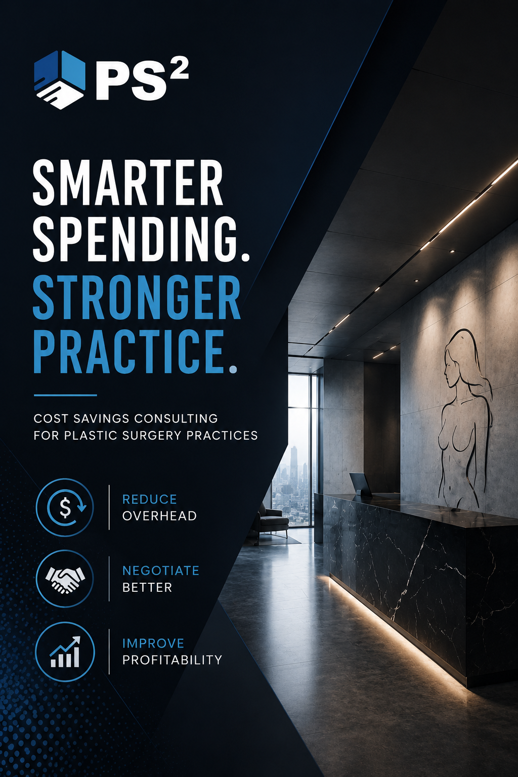 Modern graphic promoting cost savings consulting for plastic surgery practices with focus on overhead reduction and vendor negotiations