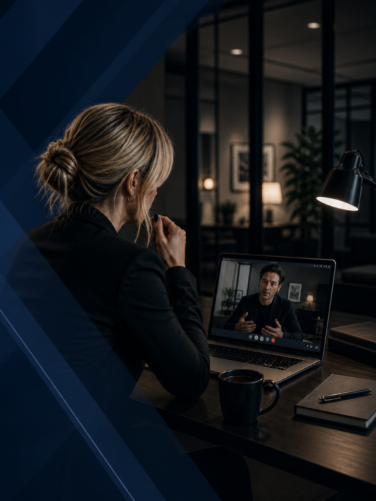 Plastic surgery consultant on a video call reviewing performance and operations with a c