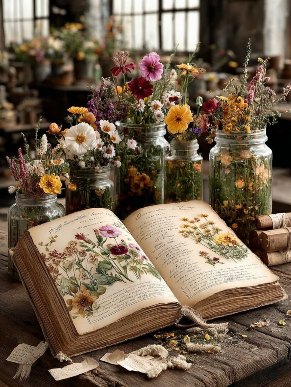 Open vintage botanical book with illustrated flowers, surrounded by glass jars filled with colorful wildflowers, on a rustic wooden table.