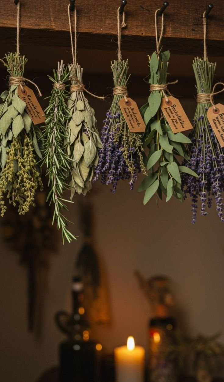 Bundles of herbs, including lavender, sage, and rosemary, hanging from hooks in a cozy, warm-lit room.