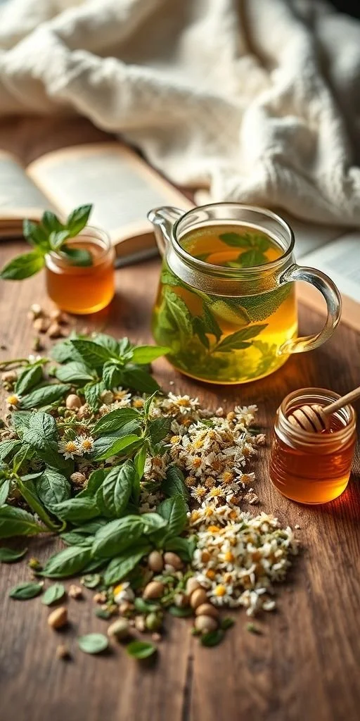 A glass teapot filled with herbal tea and fresh green herbs, a jar of honey with a honey dipper, an open book, and fresh herbs and flowers on a wooden table.