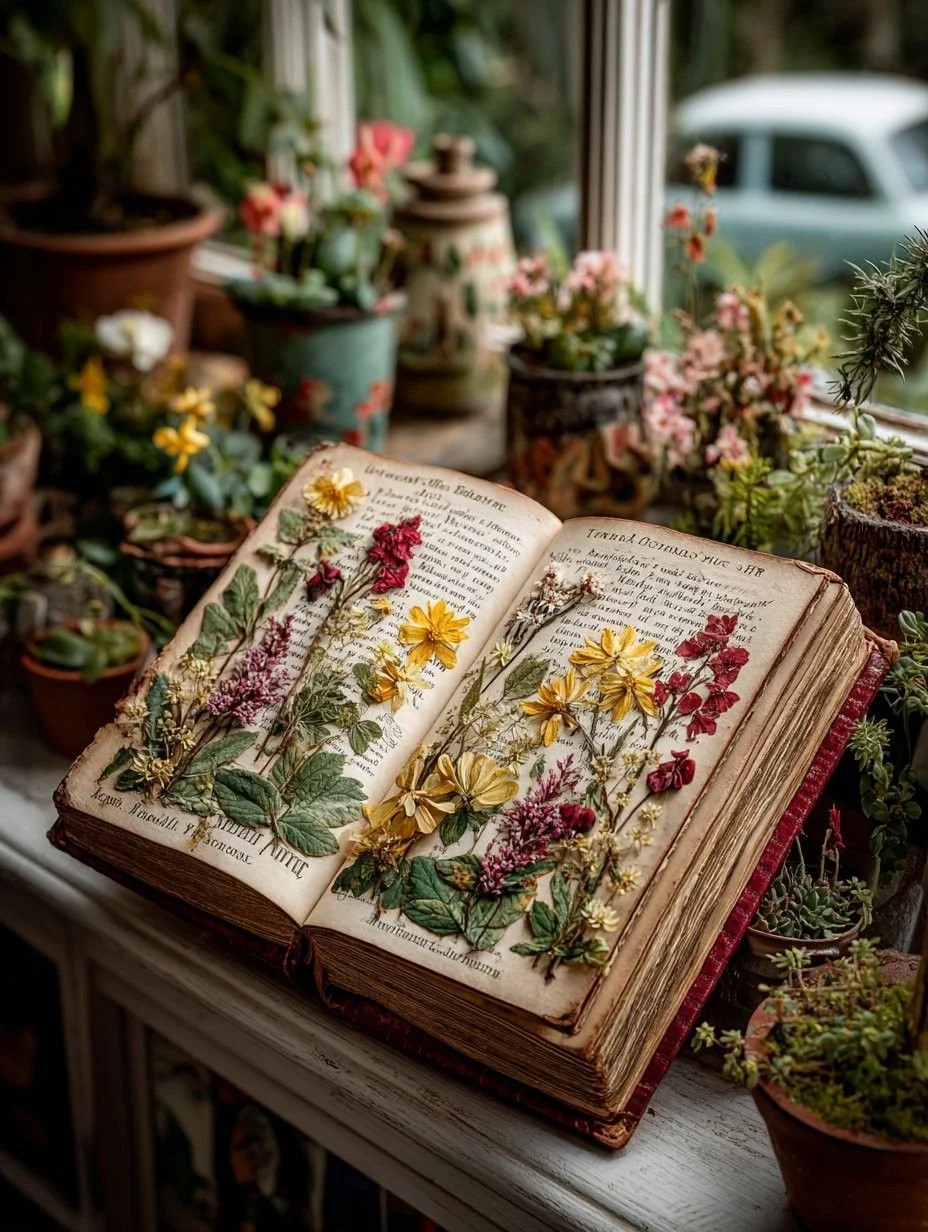 An open vintage botanical book with pressed flowers on its pages surrounded by numerous potted plants and flowers, situated on a windowsill with a blurred view of a car outside.