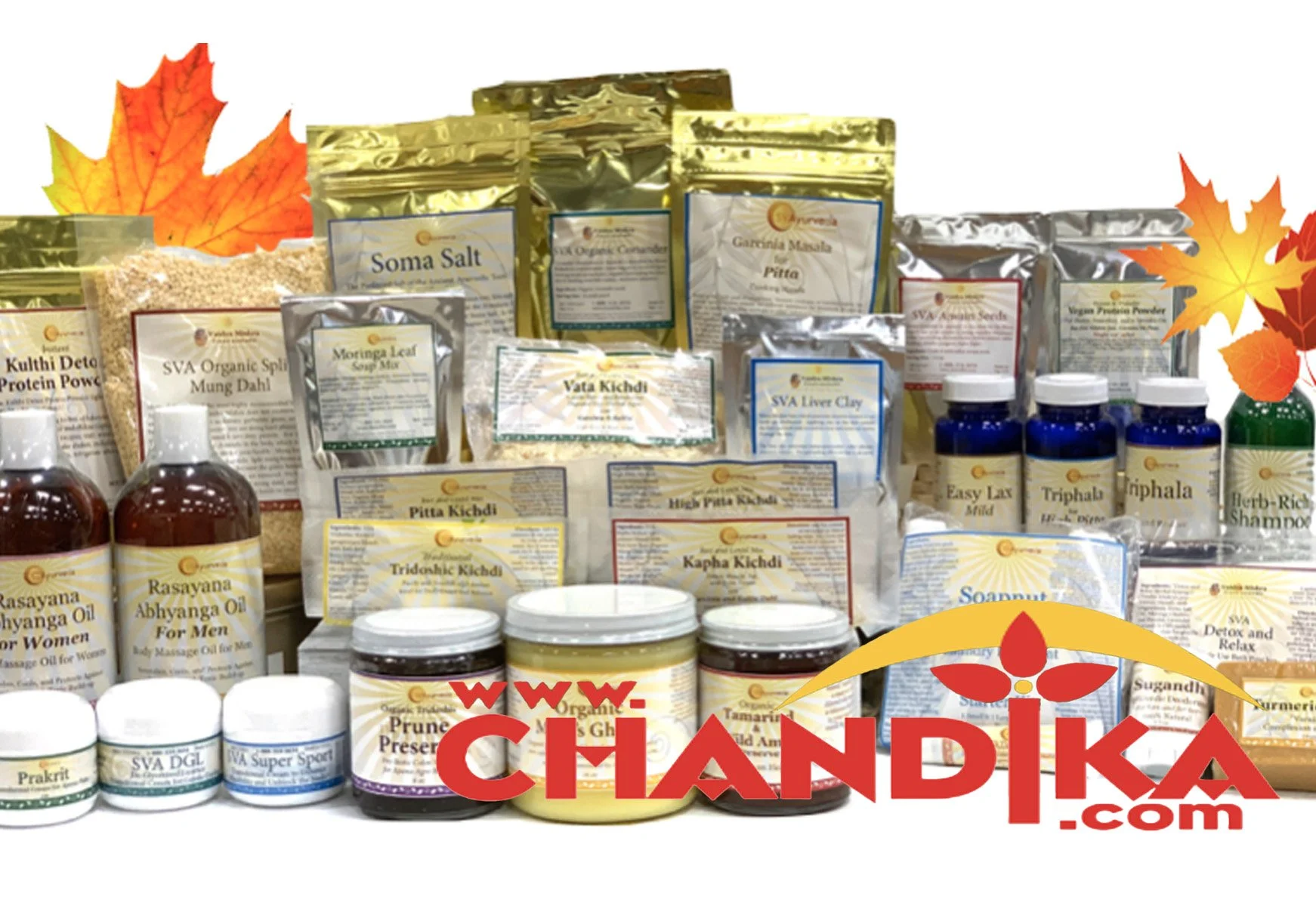 A collection of natural health and wellness products, including powders, oils, and capsules, branded by Chandika.com