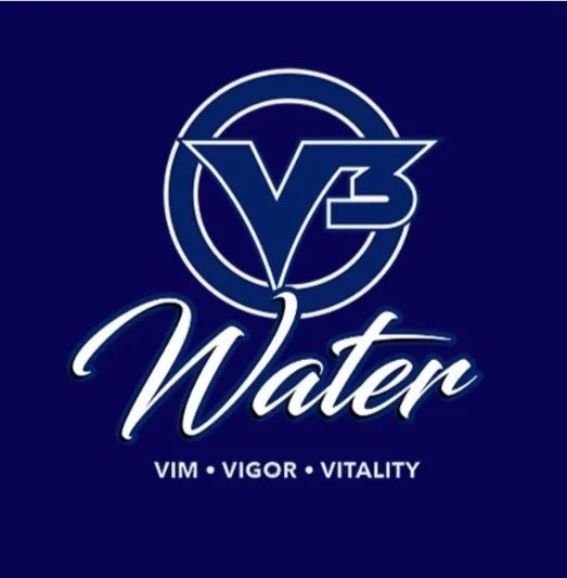 V3 Water logo with blue background, featuring the words "Vim Vigor Vitality."