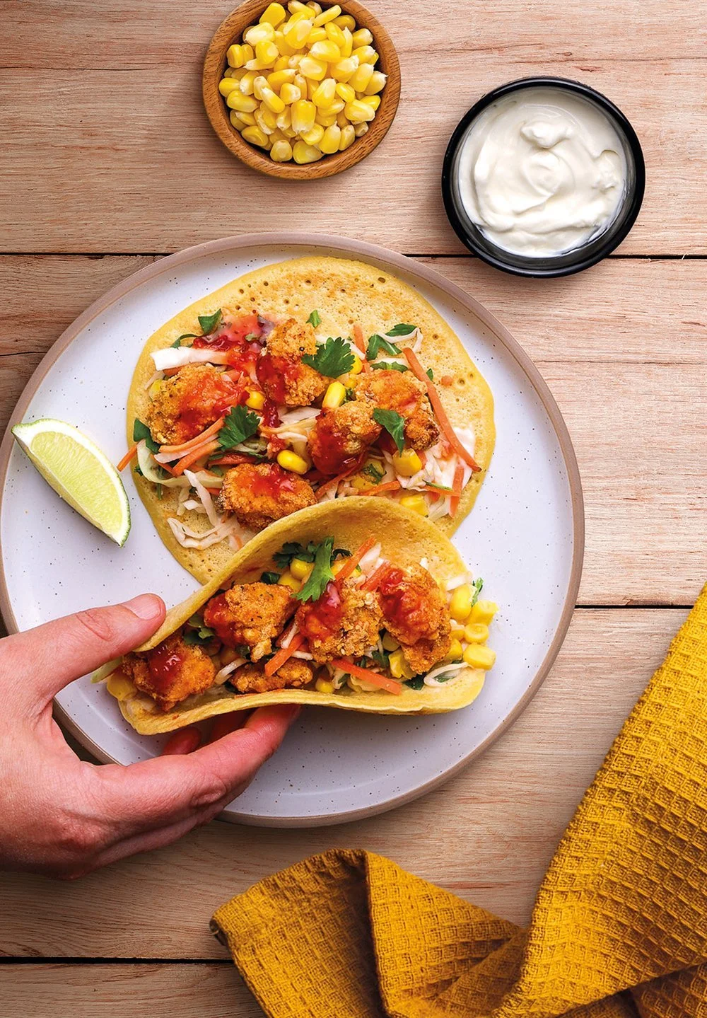 Popcorn Chicken Tacos and Slaw