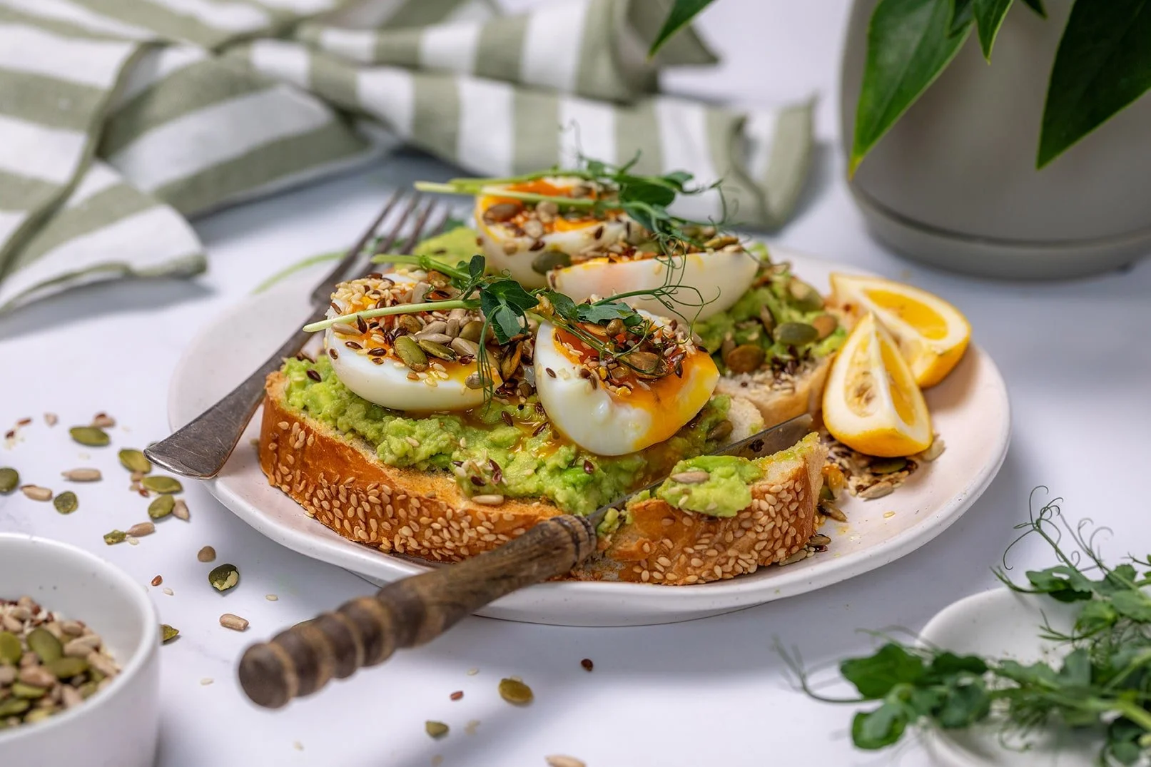 Egg on avo toast with toasted seeds