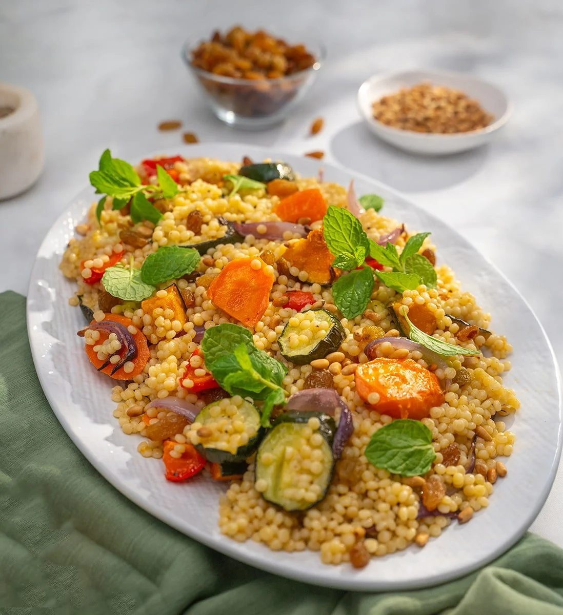 Roast Veggie Couscous with Sultanas & Pine nuts (with Chicken Kebabs)
