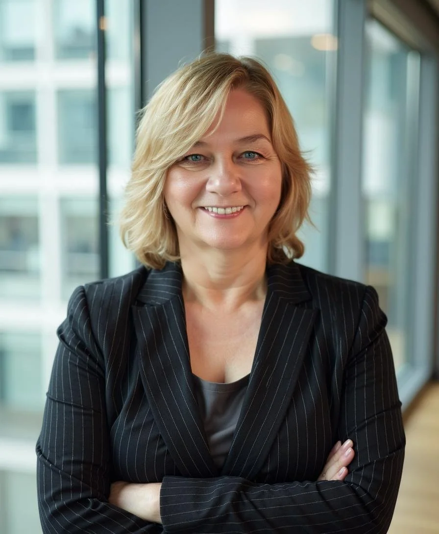Smiling person in a black suit with arms crossed, standing indoors.