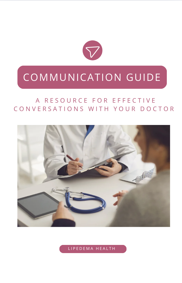 Communication Guide cover featuring doctor-patient discussion scene, includes stethoscope, tablet, and notepad, related to Lipedema Health.