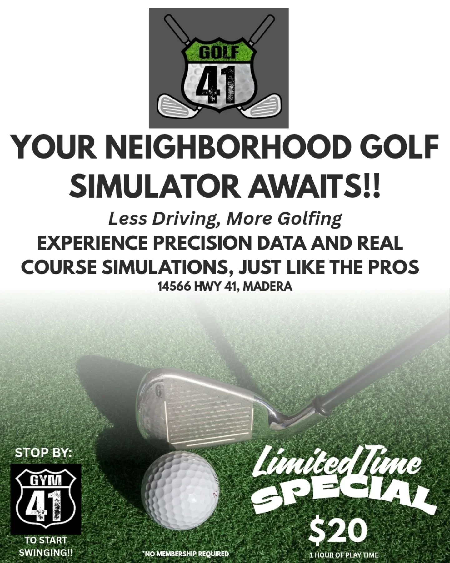 🏌️&zwj;♂️ Your Neighborhood Golf Simulator Awaits!
Why drive all the way to Fresno when you can perfect your swing right here at Gym 41?

🎯 Experience precision data, real course simulations, and pro-level technology &mdash; all without leaving Mad