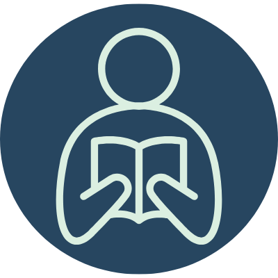 Dark blue circle icon with line drawing of a bubble person reading a document