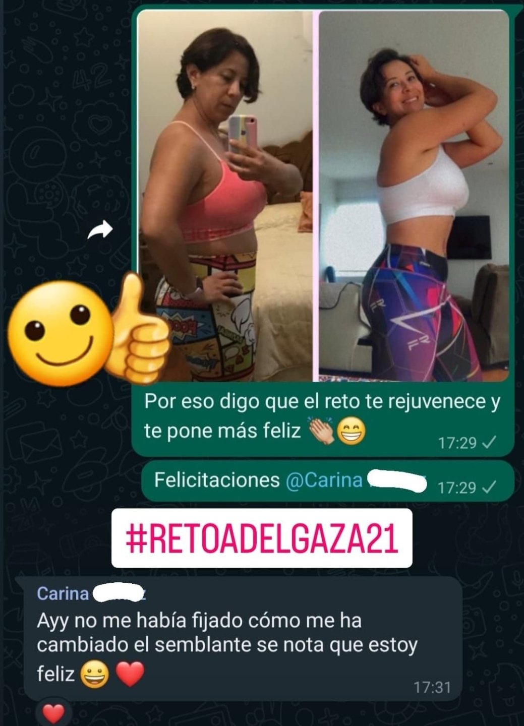 Comparación de dos fotos de una mujer, antes y después de un cambio en su apariencia debido a un programa de pérdida de peso. La mujer sonríe en la foto de la derecha y aparece más delgada que en la de la izquierda.