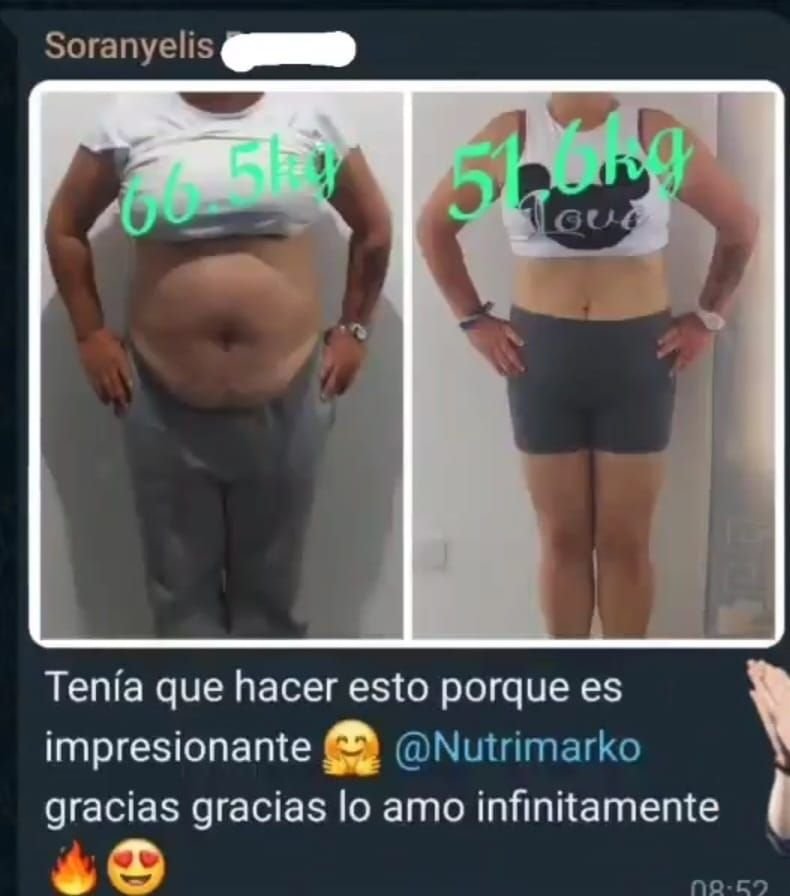 Transformación física de una mujer, antes con peso de 66.5 kg, después con 56.6 kg, con mensaje de motivación
