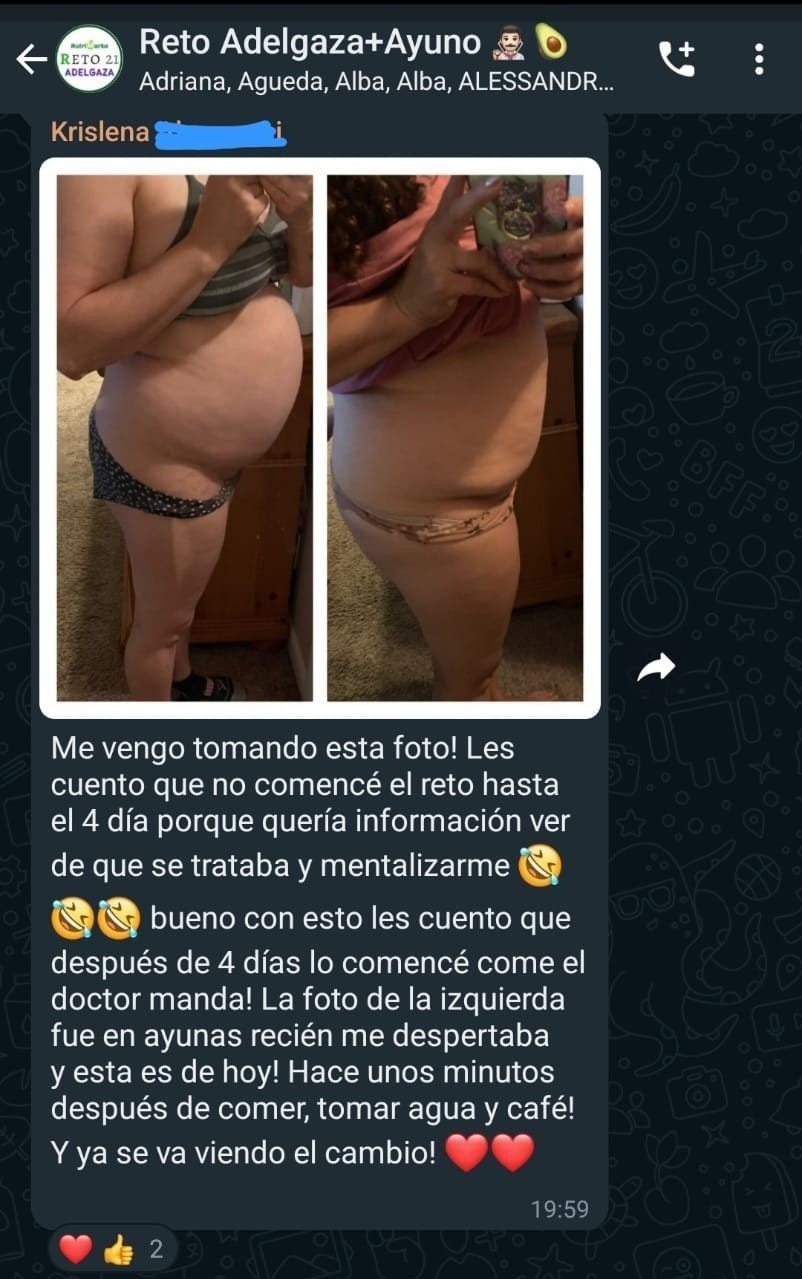Comparación de dos fotos que muestran una pérdida de peso en una mujer, con texto en español que describe su proceso de cambio después de seguir un reto de 4 días de alimentación y hábitos saludables.