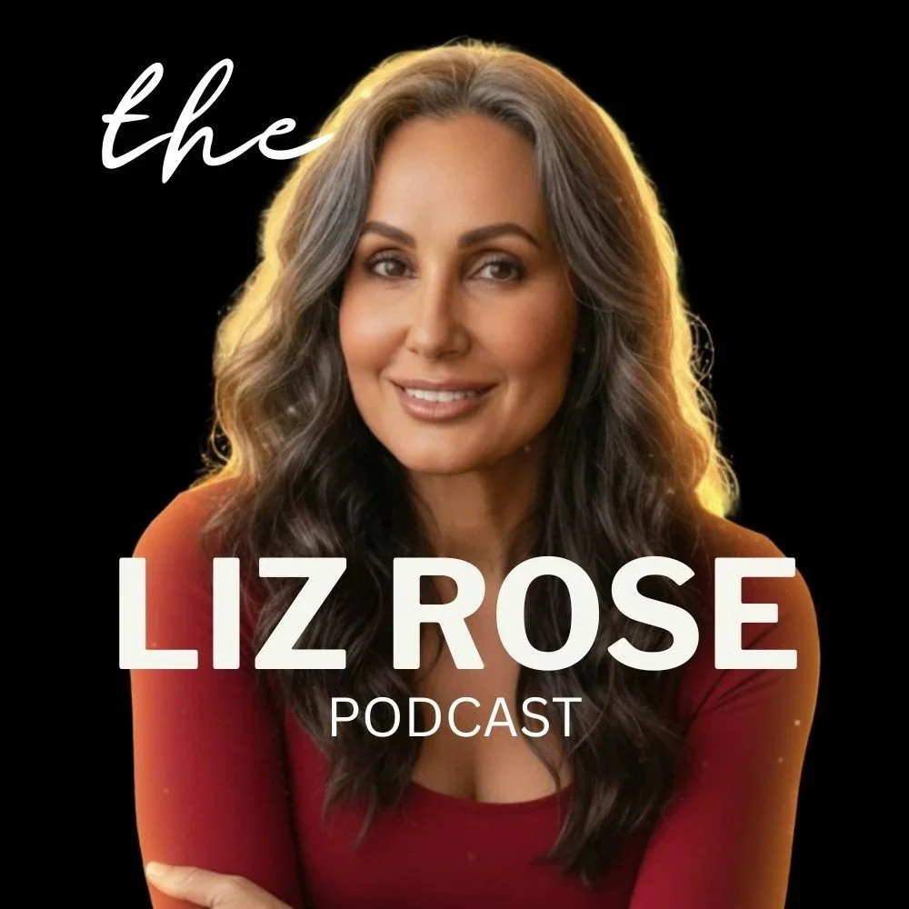 Cover photo of Liz Rose podcast with a smiling woman with long, wavy brown hair, wearing a red top, against a black background with the words 'the Liz Rose PODCAST' written on it.