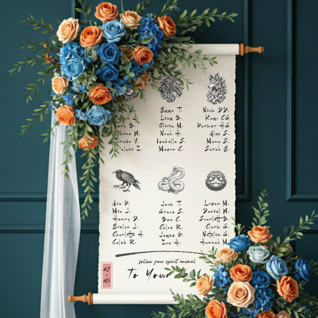 color scheme: blue and orange // kitsune / japanese mythology // seating chart