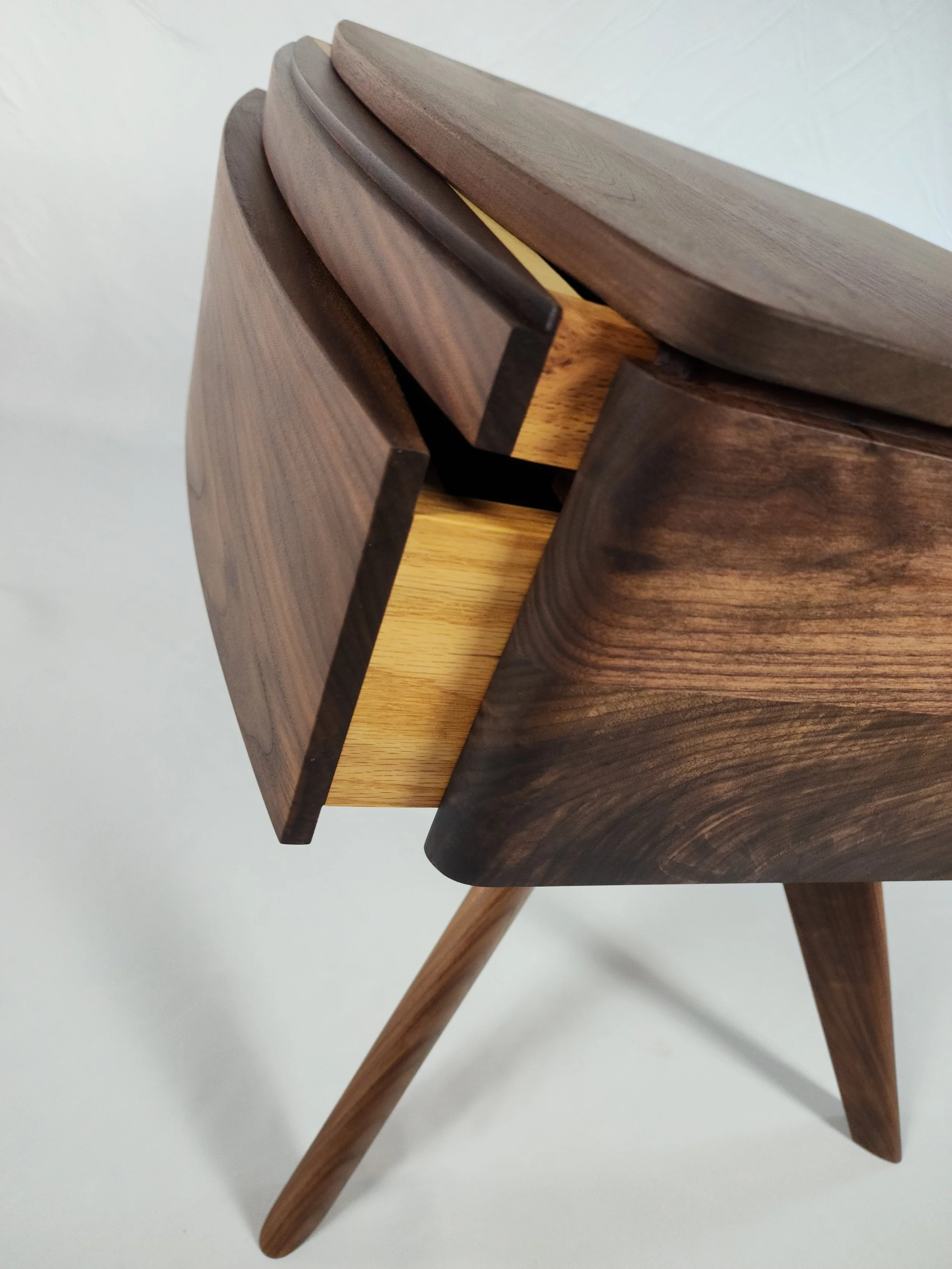 Solid walnut side table with red oak drawer and secondary semi conceal document drawer extended